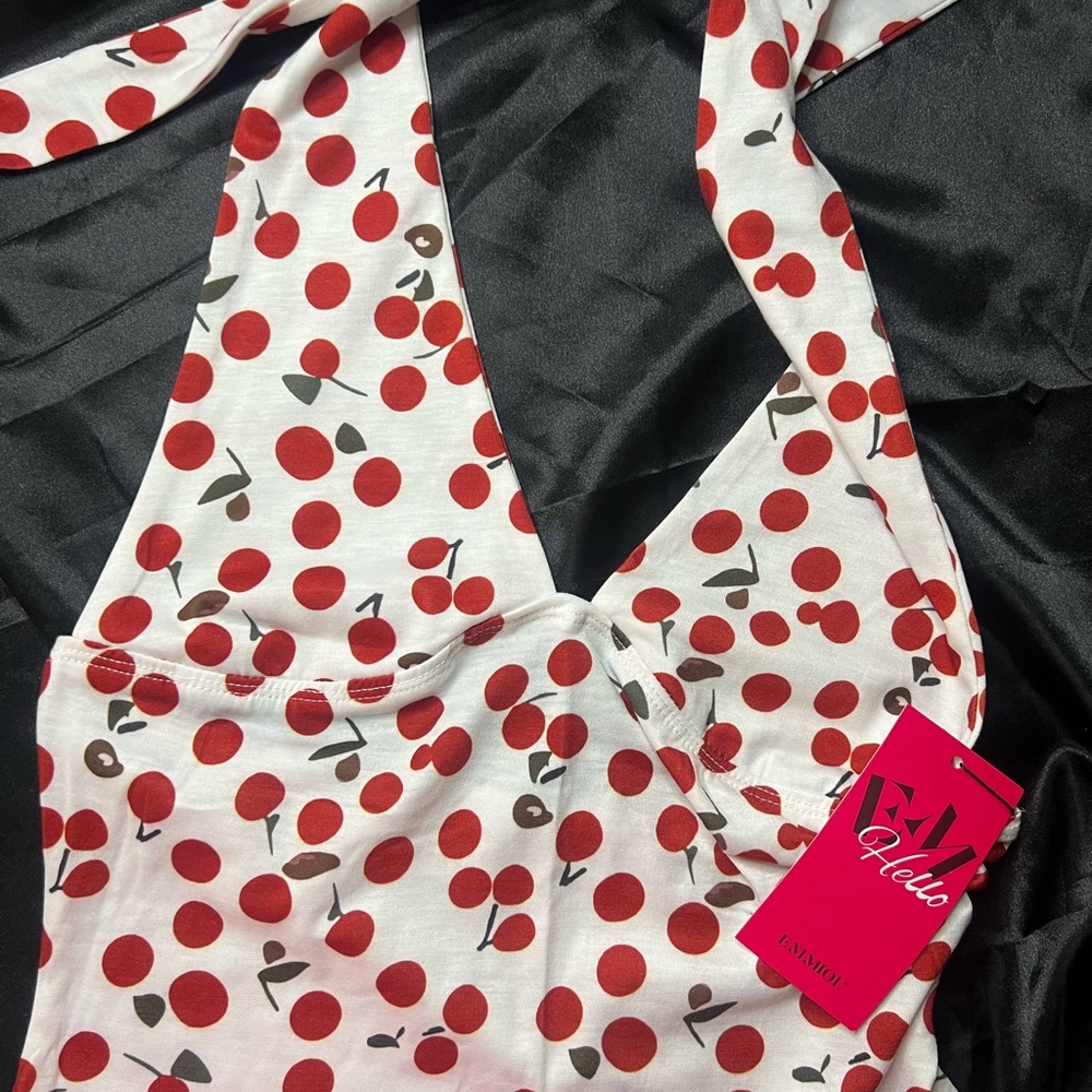Cherry Print Halter Top with Red Dots